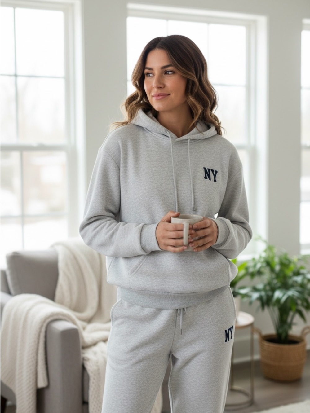 Zara NY Embroidered Heather Gray Hoodie & Pants  heavyweight Set